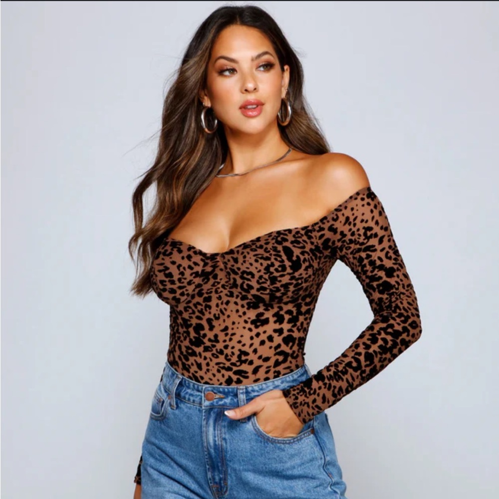 Cheetah print long sleeve off shoulder bodysuit